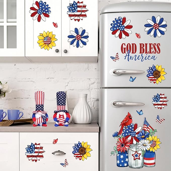 Yovkky Christian 4th of July Flower Window Clings 4 Sheets, Patriotic Religious God Bless America Sunflower Daisy Cardinal Stickers Decals Decor, American USA Mason Jar Home Kitchen Decorations