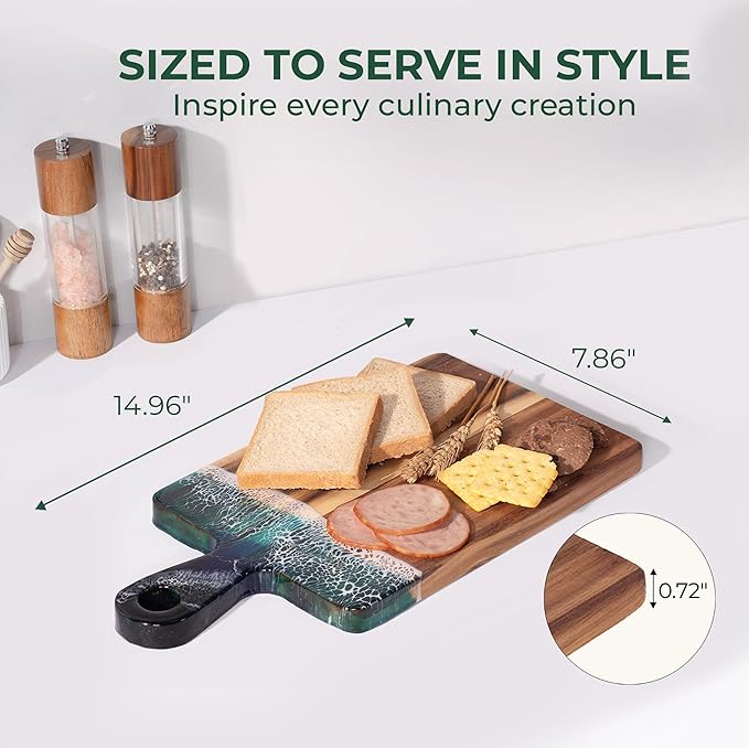 Acacia Wood Cutting Board with Ocean Resin Art, 14.9โx7.9โ, Includes Stand & Loofah, Handcrafted Charcuterie Cheese Board & Serving Platter, Great for Dรฉcor, Housewarming, Weddings (Rectangular)