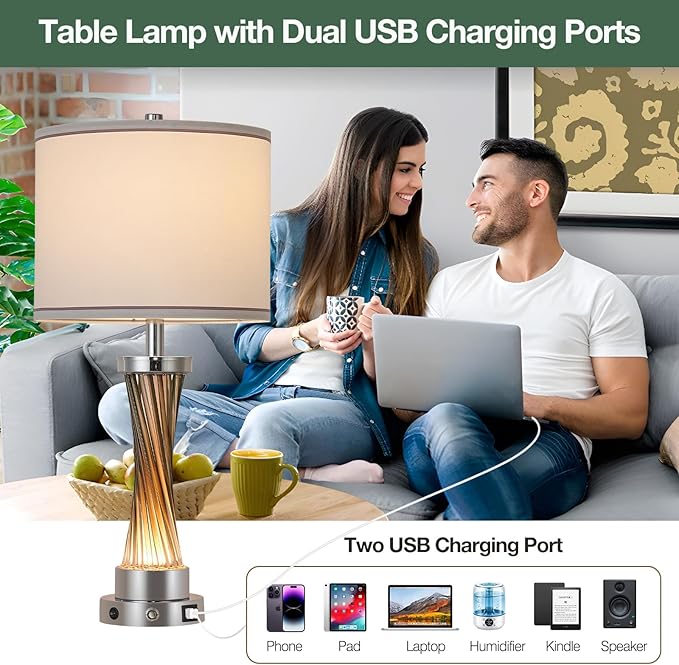 3-Way Dimmable Table Lamp Set of 2,Touch Control Lamp with Night Light,Modern Crystal Table Lamps for Bedroom,Living Room,Bedside Lamps with USB A+C Ports,Fabric Lampshade(Blubs Included)