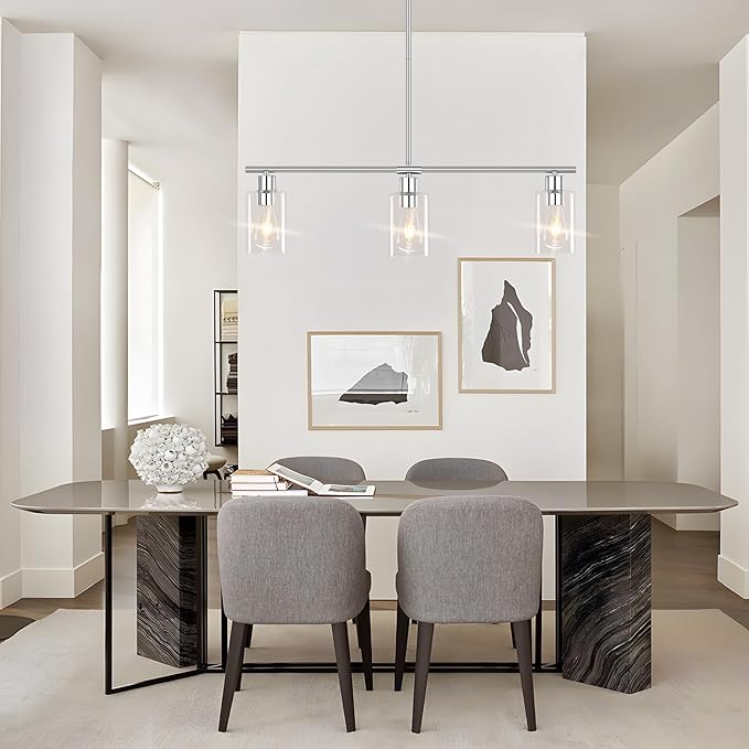 Kitchen Island Lighting, 3 Lights Linear Chandeliers Rectangle Pendant Light Fixtures for Dining Room Farmhouse Hanging Light with Glass Shades(Chrome)