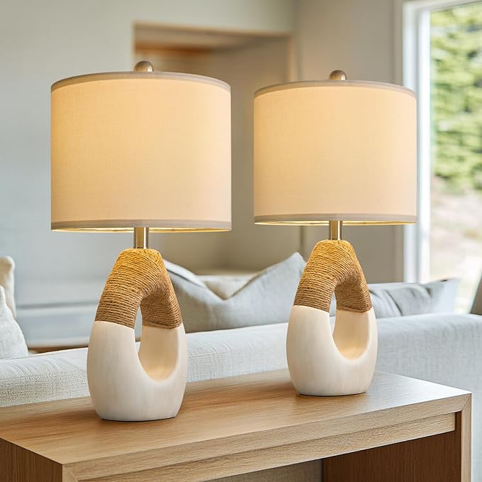 OYEARS 22” Boho Table Lamps for Bedroom Living Room Upgraded Set of 2 Medium Farmhouse Rattan Table Lamps, Rustic Home Decoration Nightstand Bedside Lamp for Office (Not Include Bulbs)