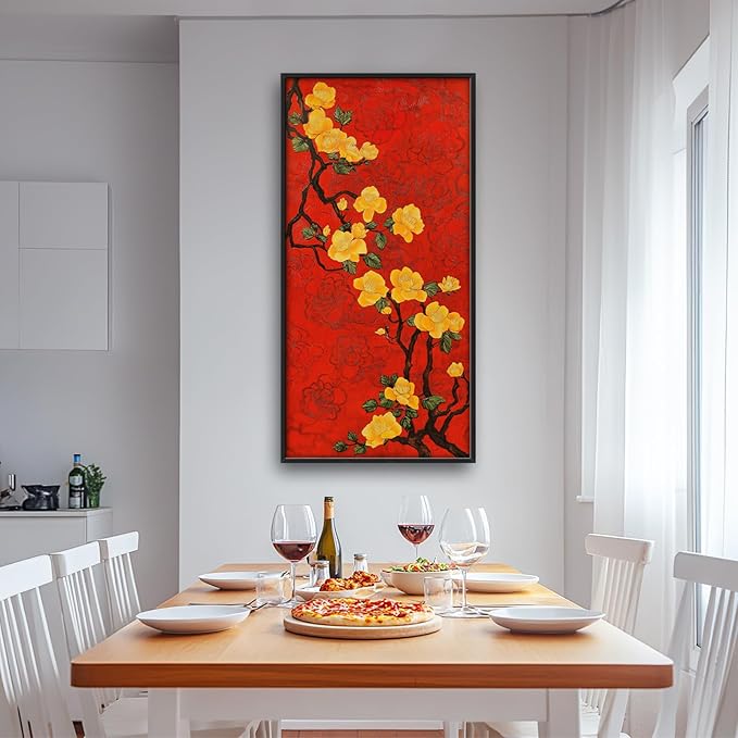 Lovira Yellow Plum Bossom Large Wall Art Traditional Asian Floral Red Canvas Wall Decor Pictures Prints Painting Framed Home Vertical Artwork for Living Room Bedroom Bathroom Kitchen 30"x60"