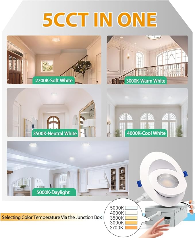 zouzai Second Generation 5CCT LED Gimbal Led Recessed Light with Junction Box, 360°+90° Adjustable Directional Eyeball Lighting, Dimmable, 2700K-5000K,ETL&Energy Star (White 1 Pack, 4 inch)