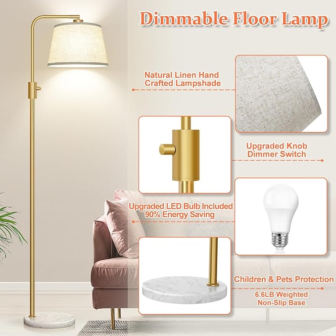 Nintiue Dimmable Gold Floor Lamp, 1000 LM LED Edison Bulb Included, Arc Floor Lamps for Living Room with Marble Base, Modern Standing Lamp Tall Lamps for Living Room Bedroom