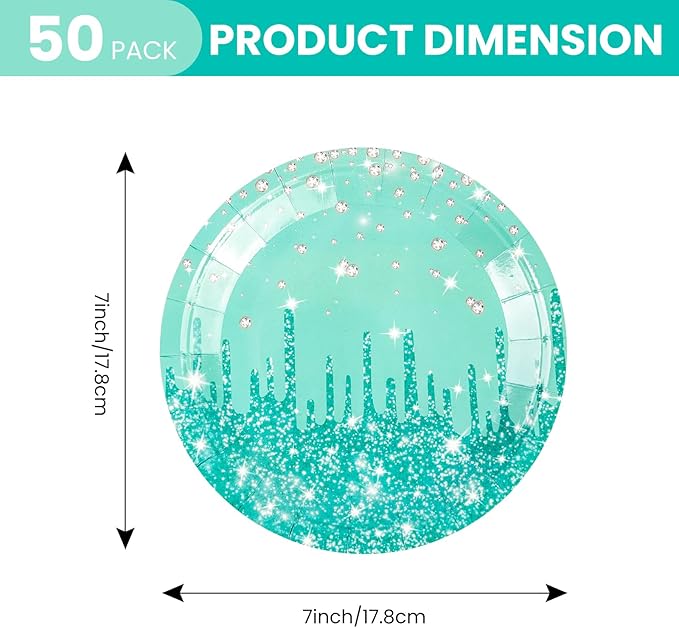 50PCS Green Glitter Paper Plates 7inch Sage Green Diamond Birthday Dessert Plate for Cake Salad Pizza Disposable plates Supplies for Girls Women Mermaid Anniversary Birthday Wedding Theme Party