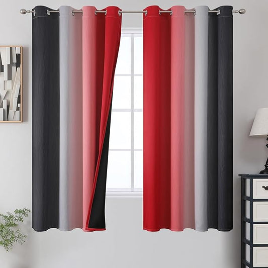 Estelar Textiler Ombre Red and Black Curtains 63 Inch Length 2 Panels, 100% Blackout Curtains for Living Room, Grommet Thermal Insulated Drapes, Full Light Blocking Curtains for Bedroom, 52x63 Inch