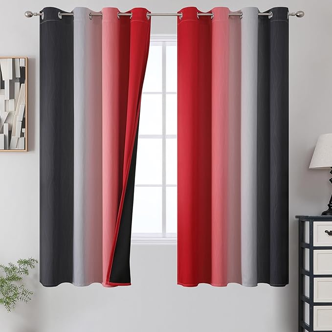 Estelar Textiler Ombre Red and Black Curtains 63 Inch Length 2 Panels, 100% Blackout Curtains for Living Room, Grommet Thermal Insulated Drapes, Full Light Blocking Curtains for Bedroom, 52x63 Inch