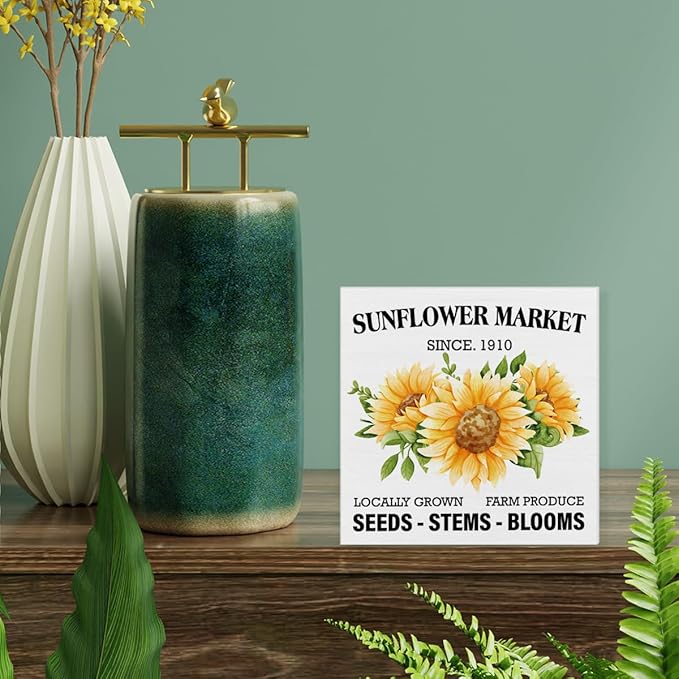 Summer Sunflower Sign Decor Sunflower Market Wood Block Sign Farmhouse Home Desk Table Shelf Decoration