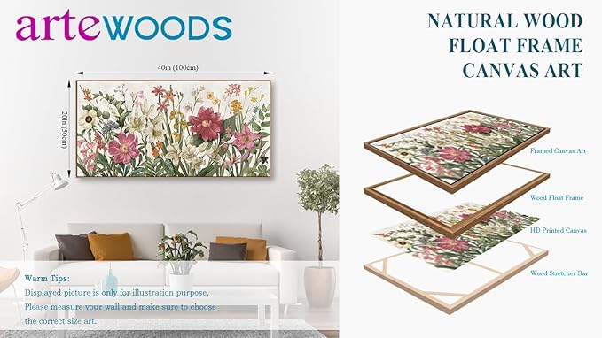 arteWOODS Botanical Framed Wall Art - Flowers Canvas Pictures Wall Decor Wildflowers Plants Painting Artwork Red Beige Blooming Floral Prints for Living Room Bedroom 40 x 20in Natural Wood Frame