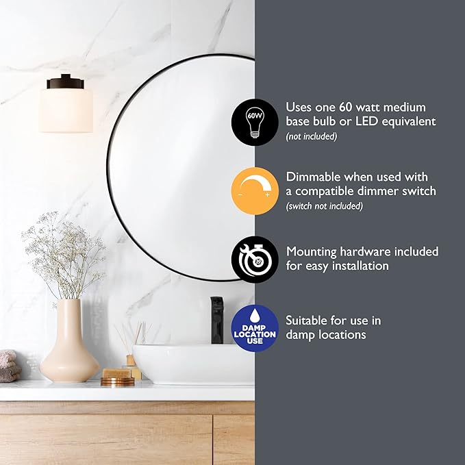 Design House Dove Creek Wall Light Sconce, Dimmable, Steel Construction, Frosted Glass, for Hallways/Bedrooms/Bathrooms, Matte Black, 6.0 in. L x 5.4 in. W x 6.5 in. H. 598481