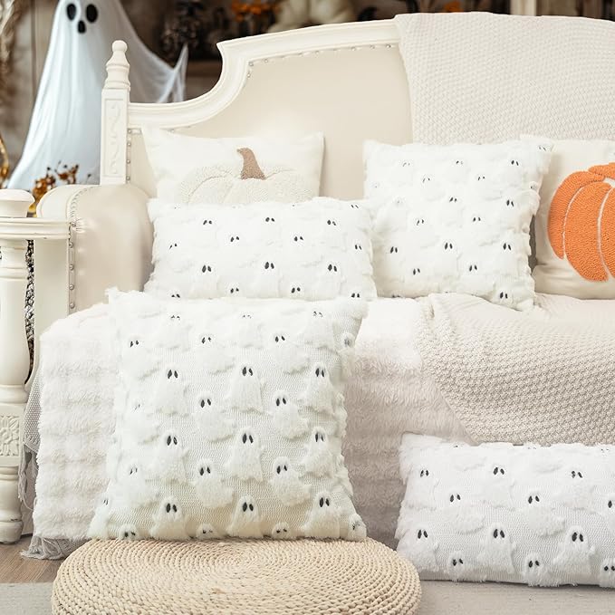 GEEORY Halloween Ghost Soft Plush Pillow Covers, 12 x 20 Inch Set of 2, Fluffy Faux Fur Wool Decorative Farmhouse Cushion Case for Sofa Home Decoration White GC026-12