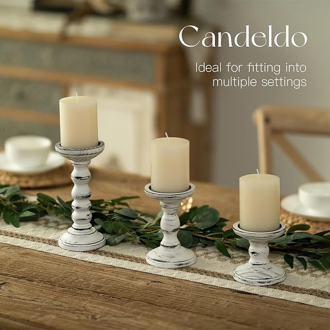 Wood Candle Holders for Pillar: Rustic Candles Holder Set of 3 Table Centerpiece Decor Wooden White Farmhouse Decorations for Fireplace Mantle