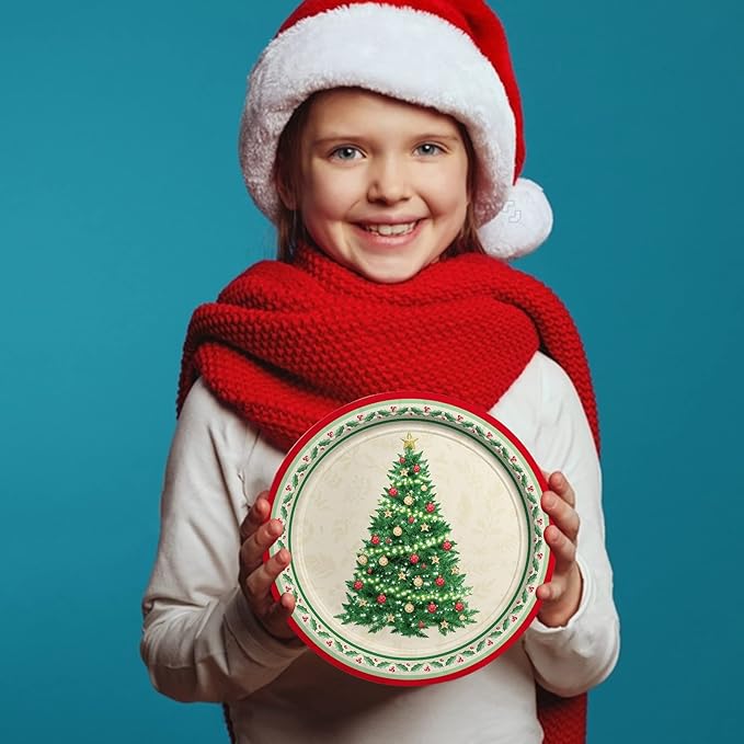 Christmas Party Supplies Kit, Serve 50, Christmas Tree Disposable Dinnerware Includes: Paper Dinner Plates, Dessert Plates, and Napkins, Great for Merry Christmas Party Decorations