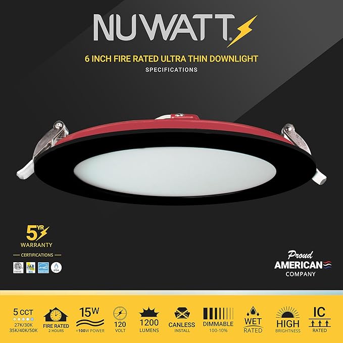 NUWATT 12 Pack, 6 Inch 2 HOUR FIRE RATED LED Recessed Lighting, Selectable 2700K/3000K/3500K/4000K/5000K, 1200 Lumen, Dimmable Wafer Lights, IC Rated, Canless Black LED Ceiling Light, No Tenmat Needed