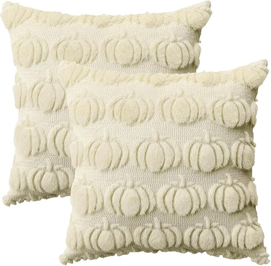 AVOIN colorlife Fall Pumpkin Beige Throw Pillow Covers, 18 x 18 Inch Seasonal Autumn Thanksgiving Harvest Decoration Soft Plush Faux Fur Jacquard Cushion Case Decoration for Sofa Couch Set of 2
