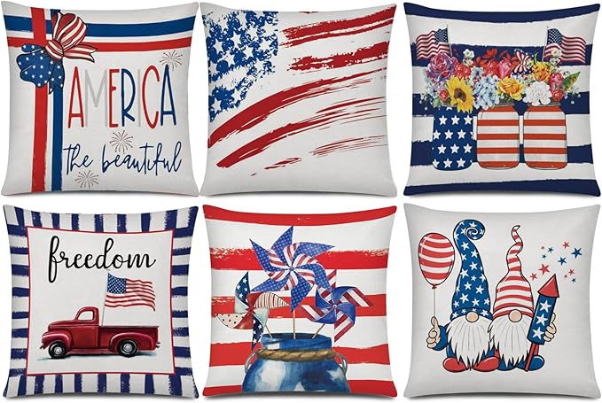 COMMINY 4th of July Pillow Covers 18x18 Set of 6 Patriotic Stripes Throw Pillow Cover American Flag Pillow Case Independence Memorial Day Decorations for Couch Home