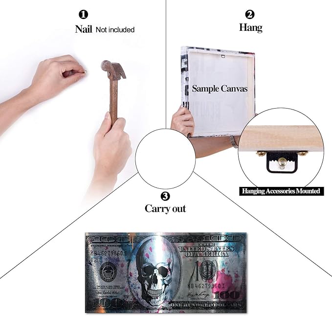 Vintage Artwork for Home Walls Large 100 Dollar Skull Wall Art Black & White Kitchen Pictures Modern Home Decor HD Print Inspirational Framed Art for Bathroom Rest Room Bar Office Wall Decor-40"Wx20"H