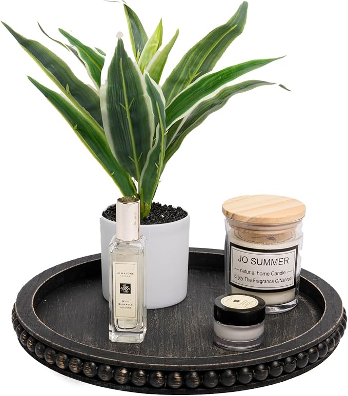 Decor 12in Round Tray for Home Decor- Black Wood Beaded Tray, Decorative Round Tray for Living Room Decor, Coffee Table Decor, Kitchen Table Decor or Farmhouse Serving Tray