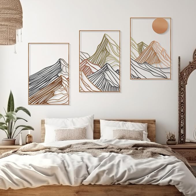 Zzbakress 3 Pcs Colorfor Mountain Metal Wall Decor - Minimalist Sunrise Line Art Abstract Living Room Rustic Bathroom Large Wall Art (Vivid)