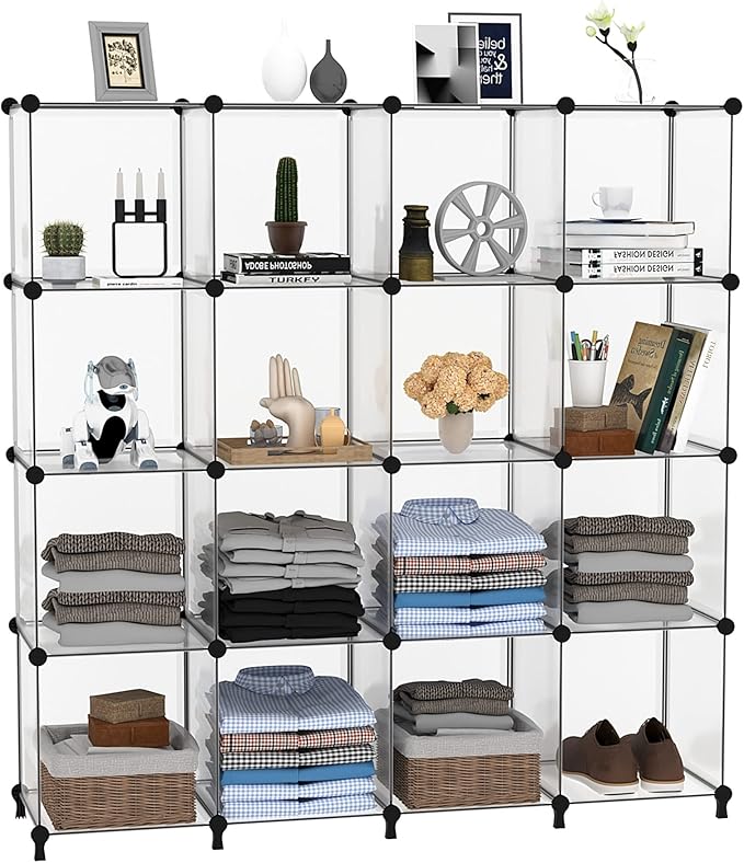 AWTATOS Cube Storage Organizer, 16 Cube Closet Organizer, Stackable Storage Cube Shelves, DIY Portable Closet Clothes Organizer Shelving for Bedroom, Closet, Wardrobe, Bathroom, Translucent