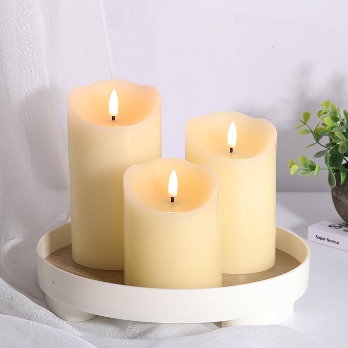 Eywamage Ivory Flameless Pillar Candles with Remote, Flickering Realistic LED Battery Wax Candles Set of 3, Φ 3" H 4" 5" 6"