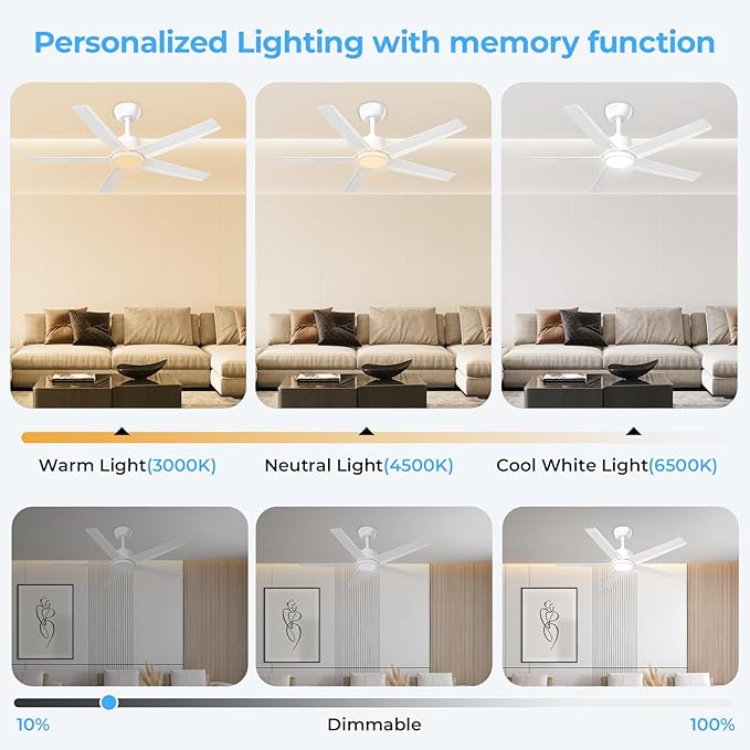 ocioc 44 Inch Ceiling Fans with Lights and Remote,Reversible Quiet DC Motor,Dimmable,Stepless Color Temperatures,Modern White Ceiling Fan for Bedroom,Living Room,Dining Room