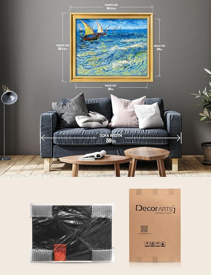 DECORARTS - Vincent van Gogh's Fishing Boats at Sea, Museum-Quality Giclee Canvas Print in Gold Solid Wood Frame, 34.75 x 28.75 in, Ready to Hang, Made in USA