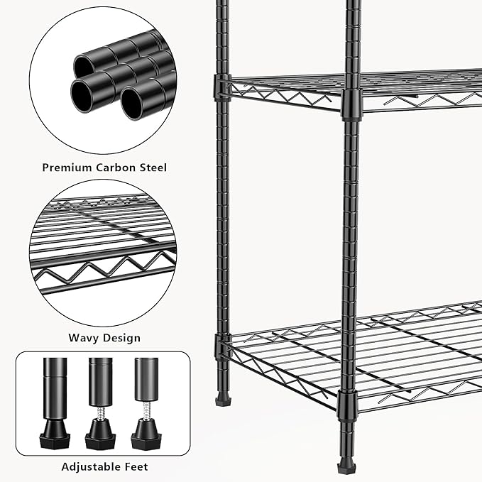 1250 lbs 5 Tier Shelf Metal Storage Shelves Wire Rack Closet Organizers with Wheel for Garage Kitchen Bathroom Laundry Black 13.7" D x 23.6" W x 62.4" H
