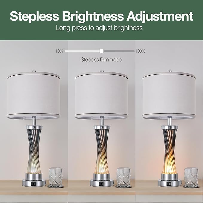 3-Way Dimmable Table Lamp Set of 2,Touch Control Lamp with Night Light,Modern Blue Crystal Table Lamps for Bedroom,Living Room,Bedside Lamps with USB A+C Ports,Fabric Lampshade(Blubs Included)