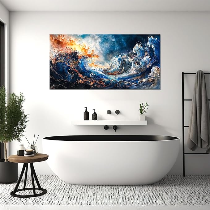 ZESTFLICKR Wall Art of Ocean Wave Abstract Canvas Blue Print Modern Artwork Pictures Magnificent for Living Room Bedroom Home Office Kitchen Decor (28x58 inches)