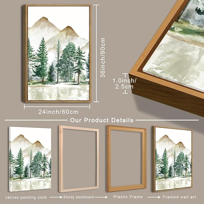 Extra Large Forest Mountain Wall Art Green Watercolor Framed Tree Painting Wall Decor for Living Room Bedroom Bathroom Office 24x36 Inch Set of 3