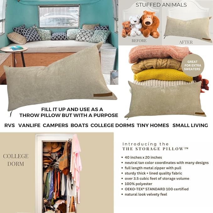 THE STORAGE PILLOW XL zippered storage Pillowcase FILL w Clothes Bedding Blankets to maximize Space - RV Camper Dorm Tiny Home Boat Inside Organization Ideas Accessories - Small Space Storage Solution