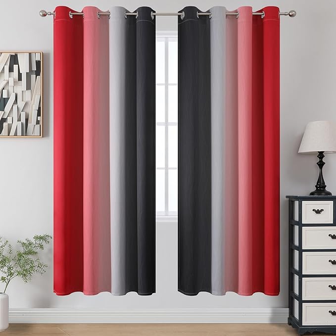 Estelar Textiler Ombre Red and Black Curtains 72 Inch Length 2 panels, Complete Blackout Curtains for Bedroom, Full Room Darkening Grommet Thermal Insulated Gradient Drapes for Living Room, 52x72 Inch