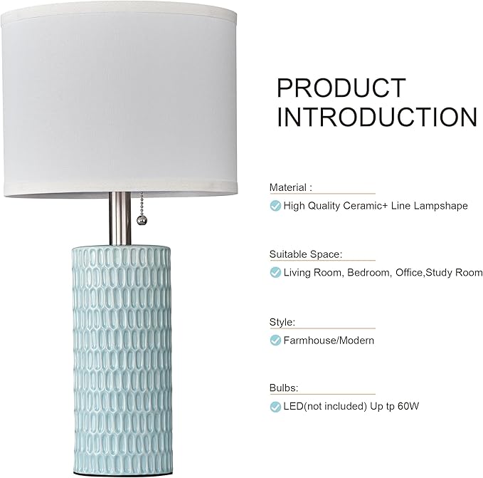 Table Lamps for Living Room Set of 2, Ceramic Table Lamps for Bedroom, 20" Modern Lamps for Night Stands, Blue