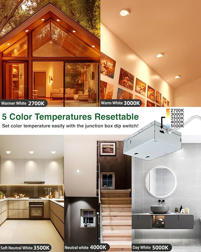 zouzai 1 Pack 4 inch 5CCT LED Gimbal Led Recessed Light with Junction Box, 360ยฐ+90ยฐ Adjustable Directional Eyeball Lighting, Dimmable, 2700K/3000K/3500K/4000K/5000K, 960LM, 10W=90W-ETL&Energy Star