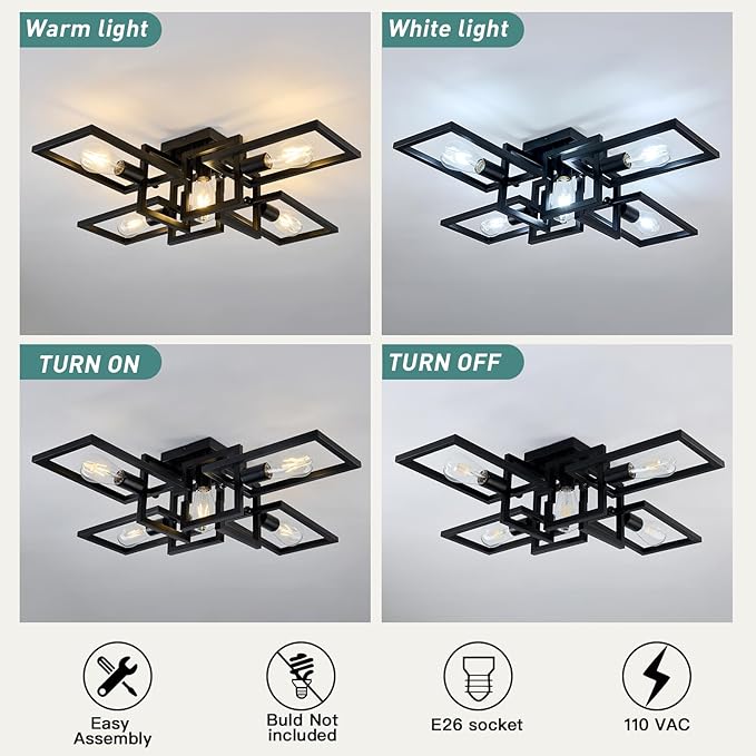 ZGLAOJT Black Industrial Flush Mount Ceiling Light 5-Light Kitchen Light Fixtures Modern Large Matte Sputnik Chandelier for Dining Room Bedroom Farmhouse Living Room