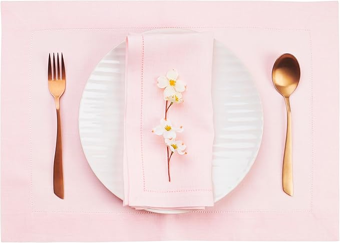 D'Moksha Homes Linen Placemats Set of 4 - Classic Hemstitch Pastel Pink Placemats 14 x 19 Inch - 100% Pure Linen Table Mats for Fall, Autumn and Halloween - Handcrafted and Machine Washable