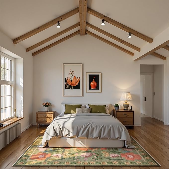 Beeiva Floral 6x9 Area Rugs for Living Room, Washable Green Area Rugs with Low Plie, Soft Flower Ultra Thin Rug Carpet for Bedroom Office Dorm Dining Room Playroom Décor (Green,6'x9')