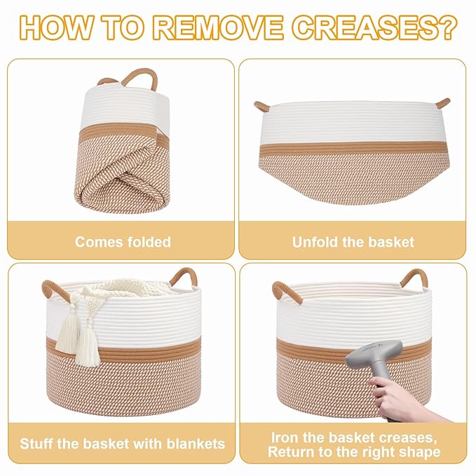 Laundry Basket,Laundry Hamper,20''x13''Woven Cotton Rope Blanket Basket in Living Room;Toy storage;Nursery hamper,Pillows,Girls Kids Baby Toy chest,Baskets for storage,Decor (White/Brown)