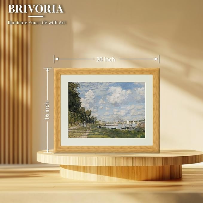 Brivoria Framed Canvas Wall Art Vintage Decor, Impressionist Riverside Painting with Autumn Sky, Sailboats, and Riverside Path for Living Room Bedroom Dining Room or Fireplace Mantel Display, 16"x20"