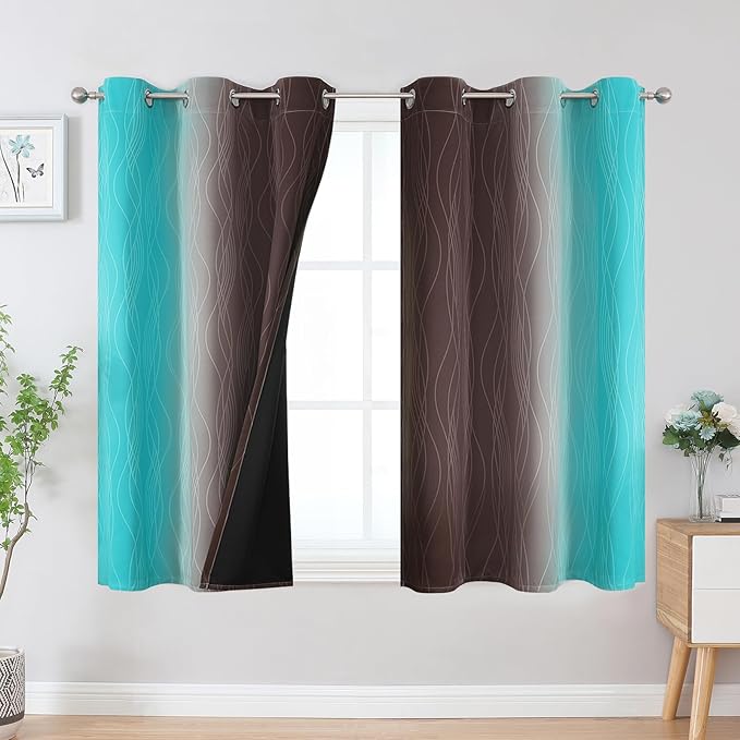 Estelar Textiler Brown and Teal Ombre Blackout Curtains 45 Inch Length 2 Panels, Full Room Darkening Gradient Drapes for Kitchen, Thermal Insulated Grommet Short Curtains for Bathroom, 42Wx45L