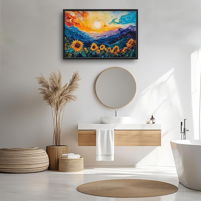 Sunflowers Framed Wall Art for Living Room, Large Flowers Canvas Wall Decor, Vintage Florals Pictures Painting, Modern Landscape Artwork for Bathroom Bedroom 36L'' × 24W''