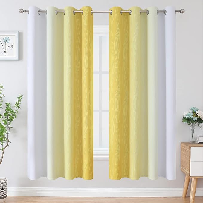 Estelar Textiler Room Darkening Gradient Blackout Curtains 72 Inch Length 2 Panels Set, Ombre Yellow and Greyish White Thermal Insulated Light Blocking Grommet Blackout Drapes for Bedroom, 52Wx72L