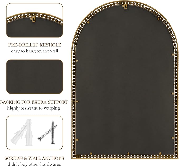 24" x 36" Arch Wall Mirror, Antique Gold Metal Beaded Frame Bathroom Mirror, Vintage Classic Distressed Hanging Mirror for Vanity Mantel Entryway Living Room
