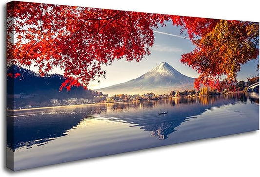 Canvas Prints Mountain Fuji with Morning Fog and red Leaves at Lake Kawaguchiko Nature Picture Wall Art Framed Artwork for Living Room Bedroom Kitchen Home and Office Wall Decor