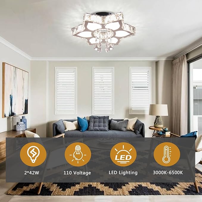 FRIXCHUR 16.1 Inch Dimmable Modern Crystal Chandelier Led Ceiling Light Fixture with Remote Flower Chandelier for Living Room Dining Room Closet