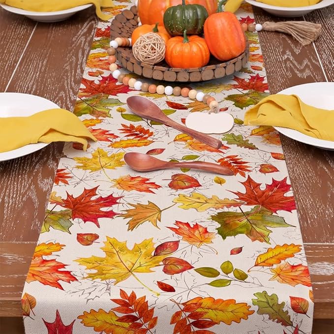 GEEORY Fall Table Runner 13x72 Inch, Maple Leaves Rustic Thanksgiving Farmhouse Decor Table Decoration for Kitchen Dinning, Indoor Outdoor Dinner Party (Orange Red Green Leaves) GT115-72