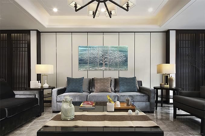 Yihui Arts Large Metal Wall Art Handcrafted Aesthetic Tree Pictures on Aluminum 5 Panels Teal and Silver Abstract Landscpae Artwork for Living Room Bedroom Dinning Decor
