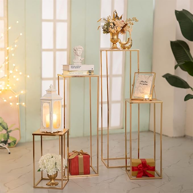 Sziqiqi Wedding Centerpieces Vase for Tables with Plates - 10 Pcs Metal Column Geometric Flower Stand 15.7in Gold Flower Display Rack Decorations for T-Stage Reception Party Fiesta Event Home