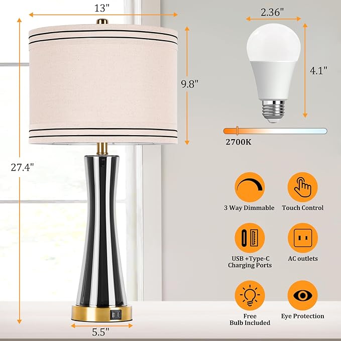 27.4''Table Lamps for Living Room Set of 2,3-Way Dimmable Modern Glass Bedside Lamps with USB Ports,Tall Lamps for Night Stands,Touch End Table Lamps for Bedroom Desk Lamps for Home Office(Grey)